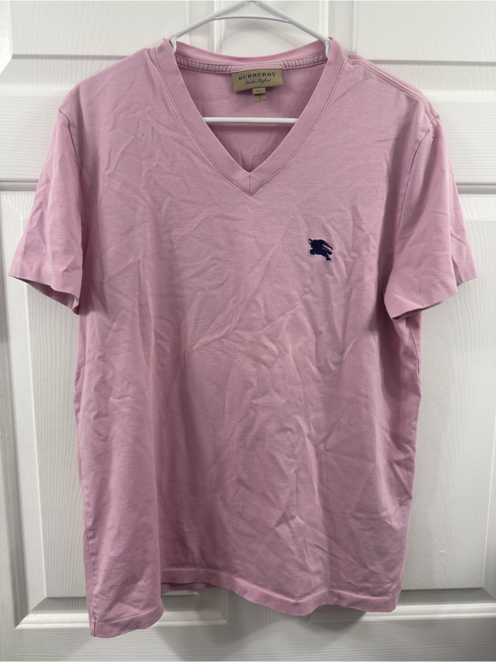 Burberry Pink V-Neck Tee with Navy Pony Emblem